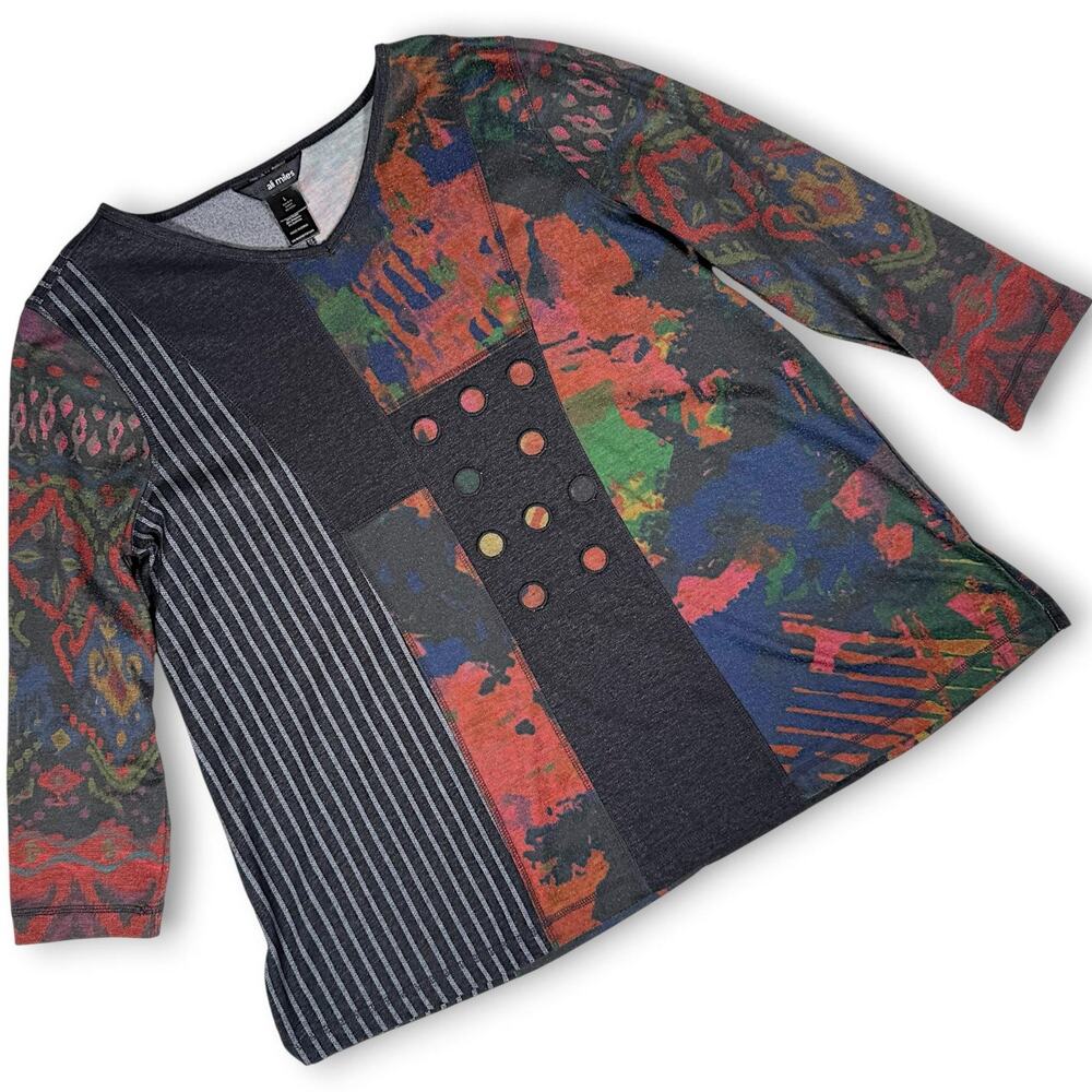 Ali Miles Artsy Patchwork Colorblock Tunic Top L Lagenlook V-Neck 3/4 Sleeve